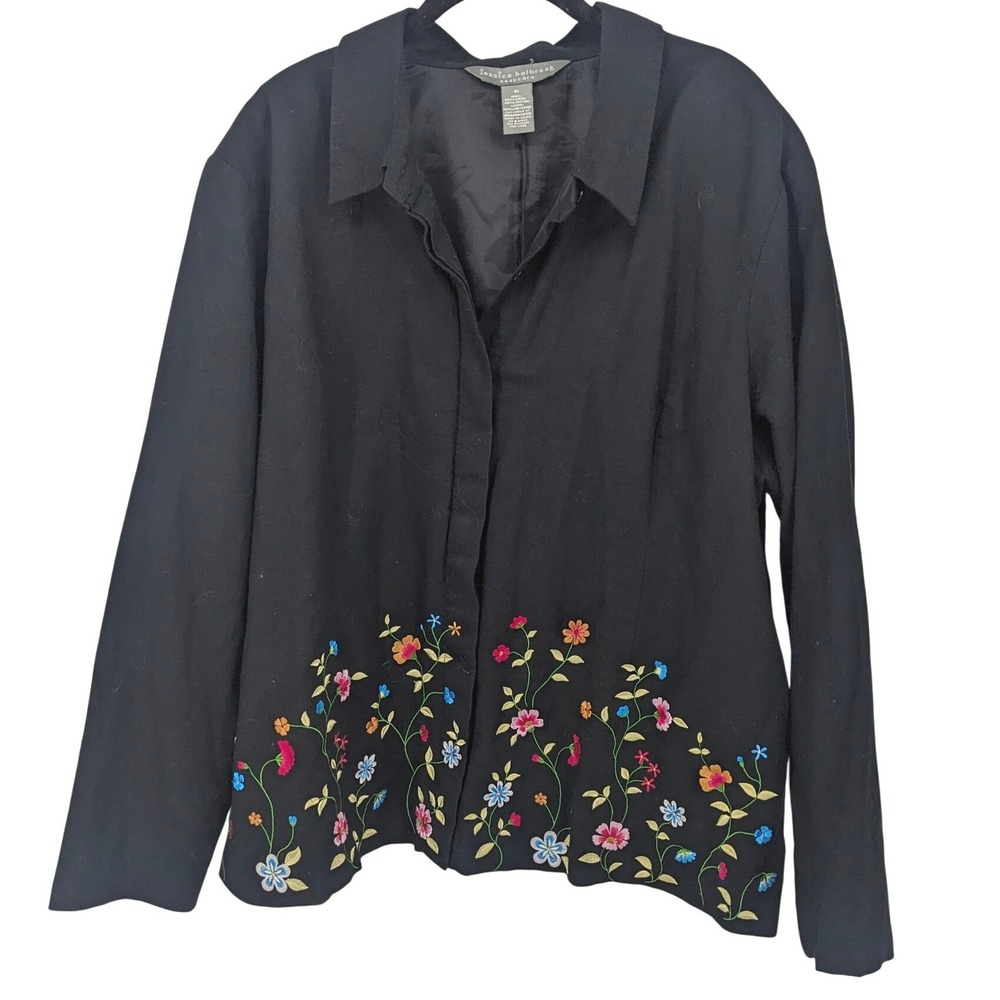Jessica Holbrook Linen Blend‎ Jacket Floral Embroidered Womens 2X Black Floral